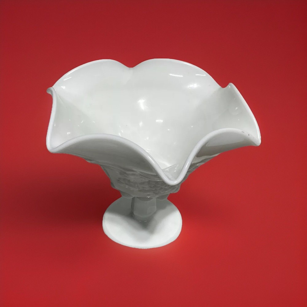 Vintage Westmoreland Milk Glass Footed Bowl with Grape Pattern  