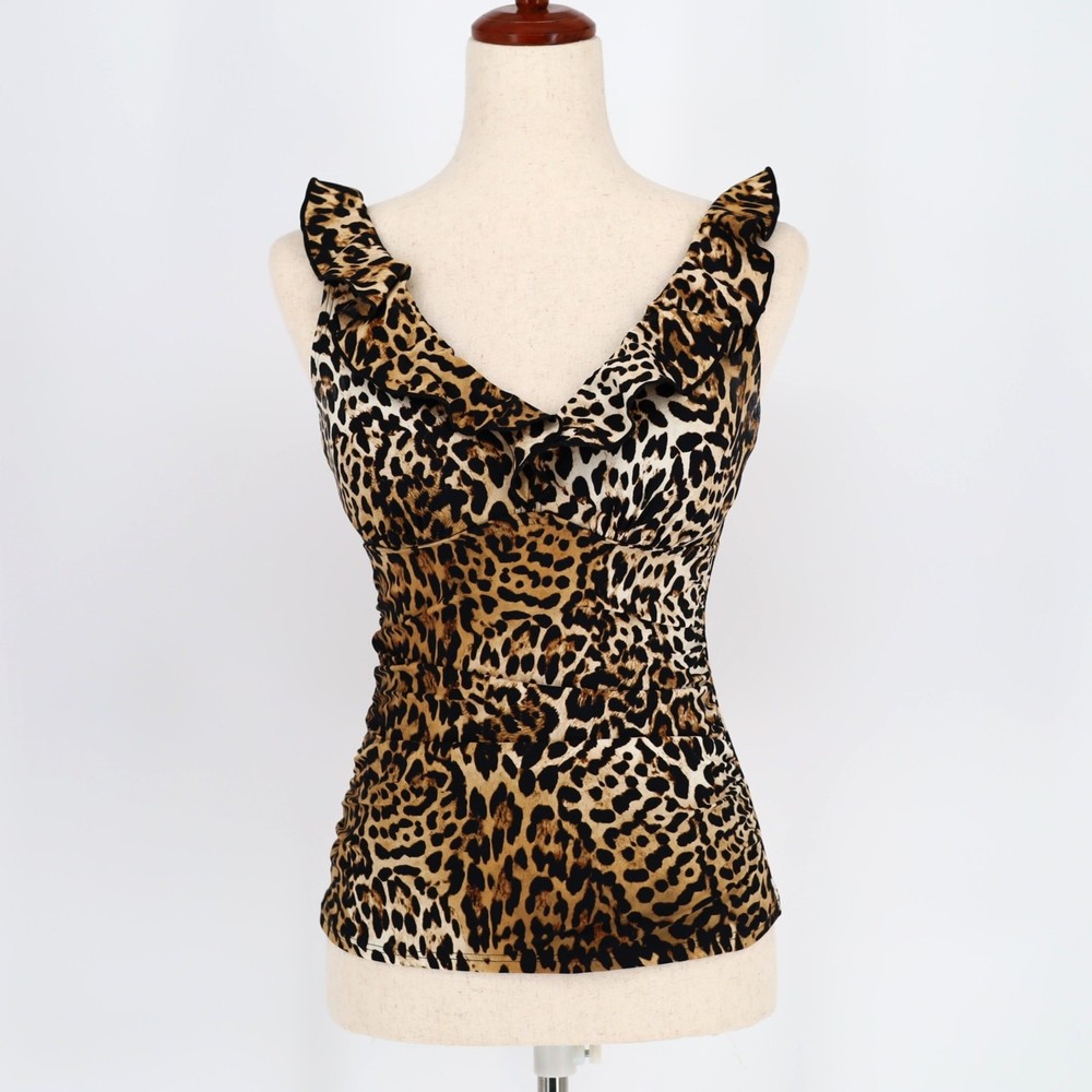 DKNY Women Animal Print Ruffled V-Neck Tummy-Control Swim Tankini Top Size S