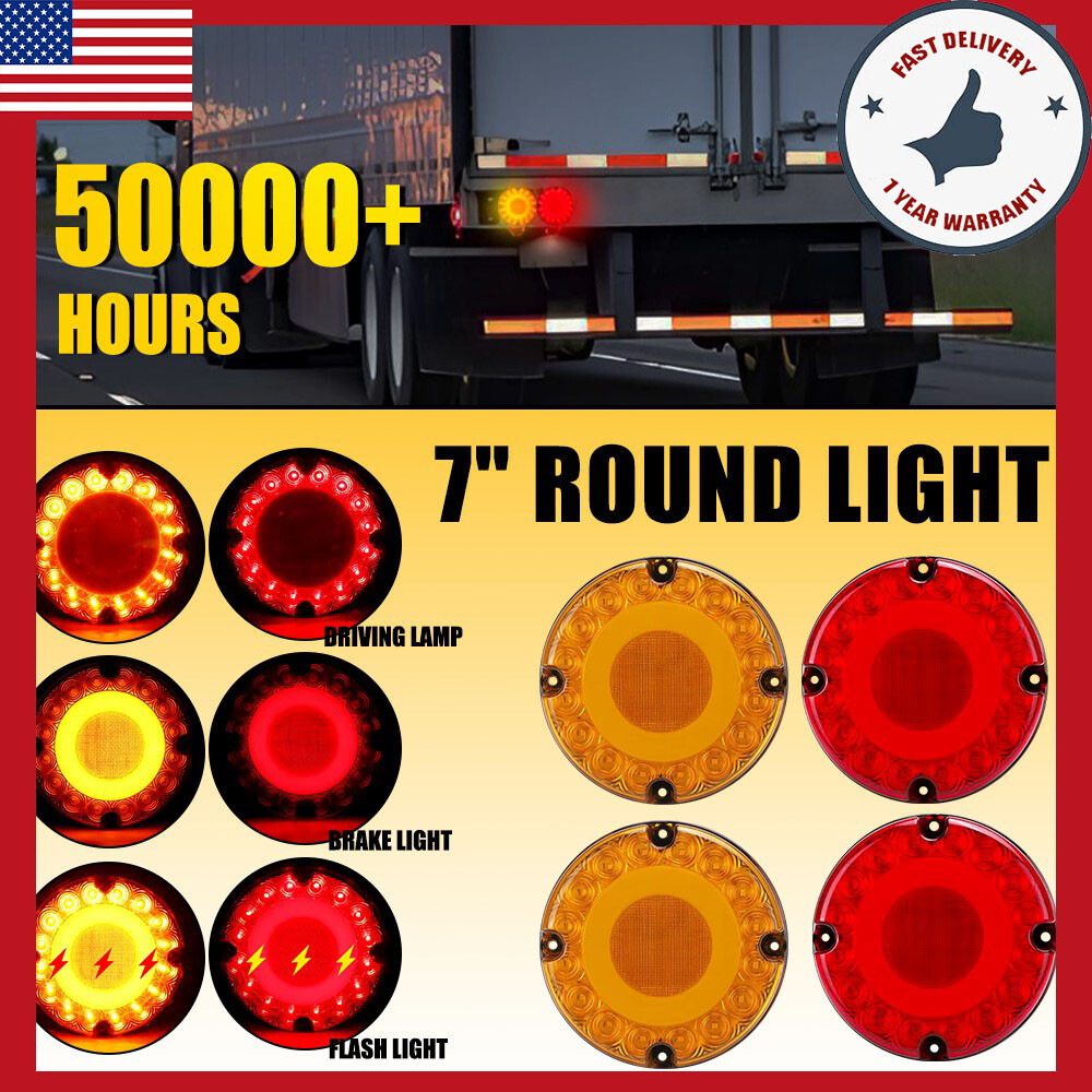 7-inch Round Red LED Trailer Tail Brake Lights with Amber Turn Signals, Waterproof Design