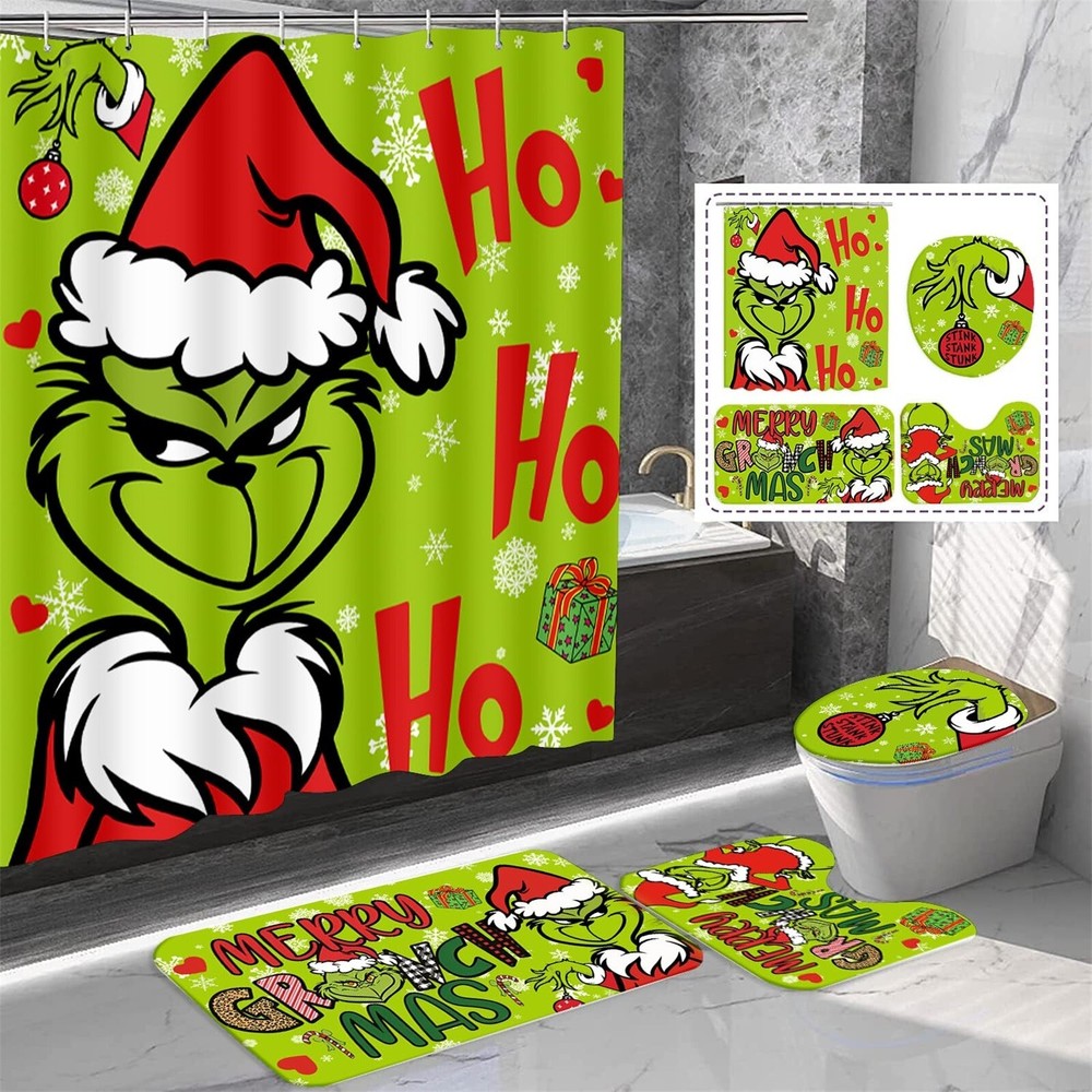 Stink Stank Stunk Grinch Merry Christmas Shower Curtain or Bathroom 4pcs/Set.