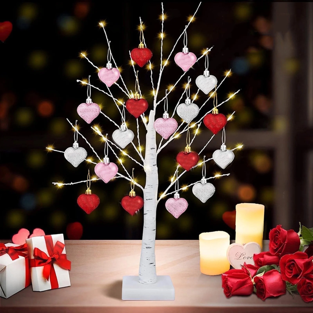 Valentine's Day Decor Led Birch Tree Light w Hearts 24 in USB & Battery Operated