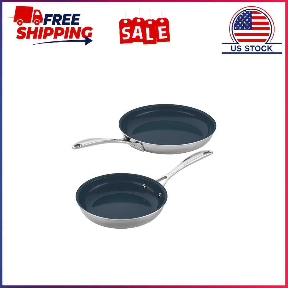 Clad CFX 2-Piece Stainless Steel Ceramic Nonstick Fry Pan Set Ships from US