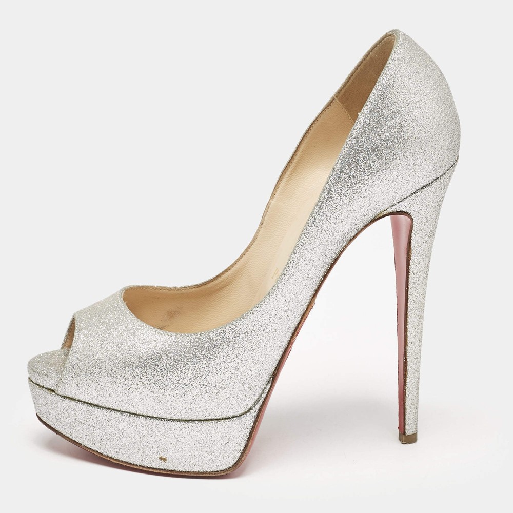 Christian Louboutin Metallic Silver Glitter Lady Peep Toe Platform Pumps Size 38