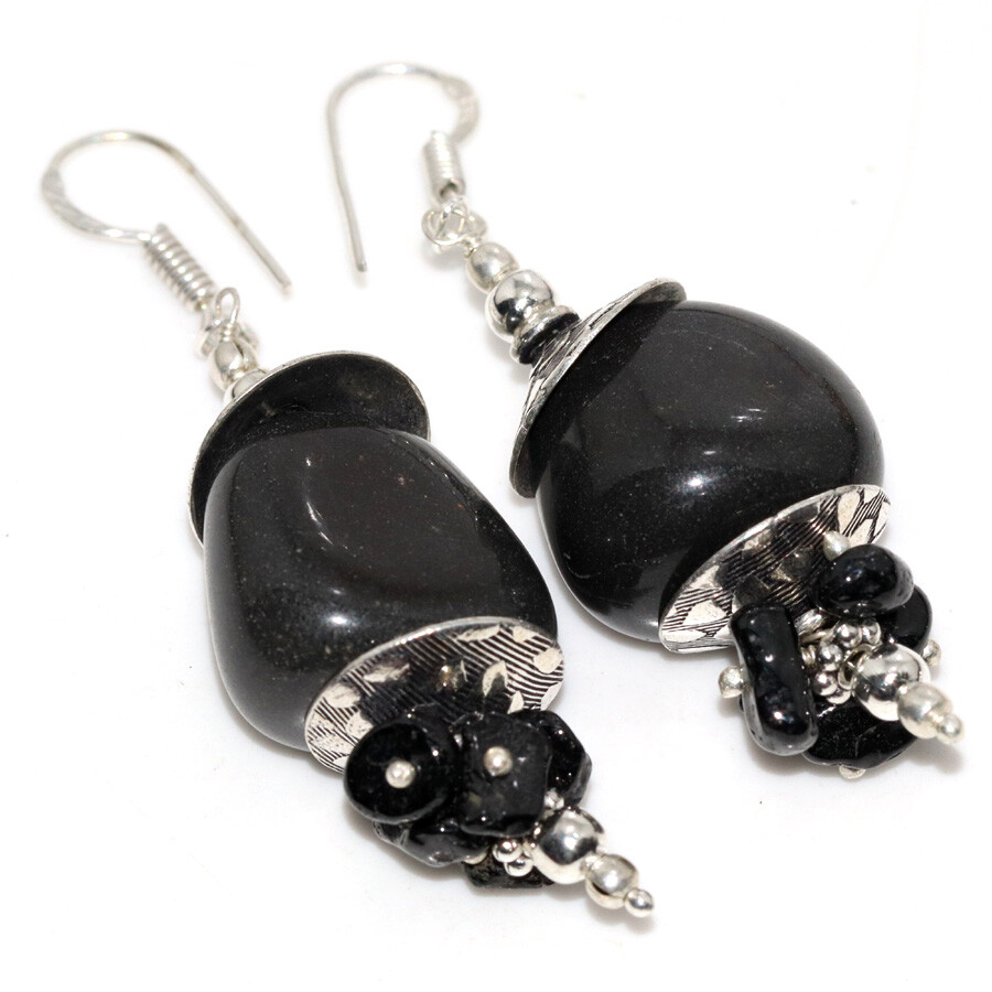Beaded Black Onyx 925 Silver Plated Gemstone Earrings 2.5