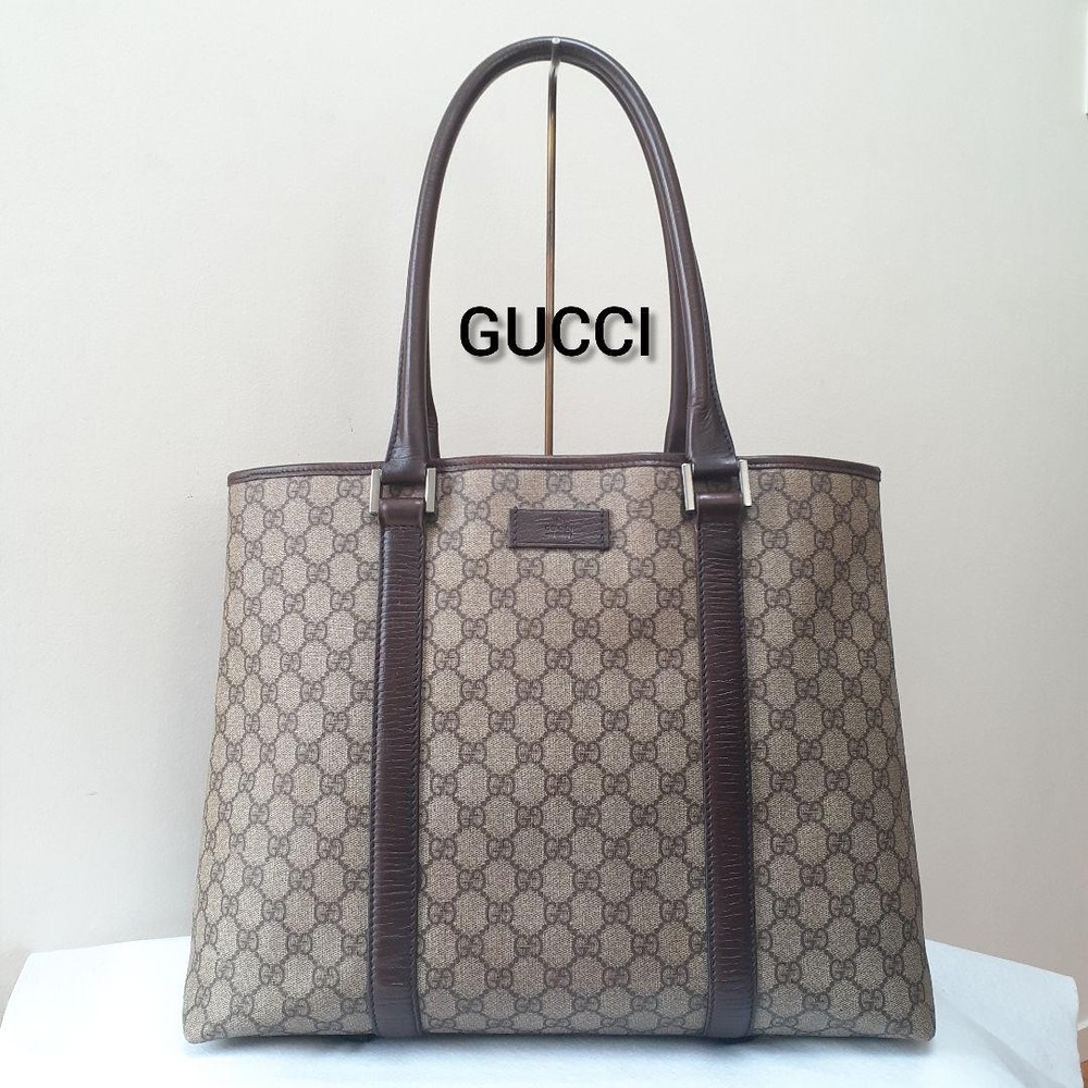 Gucci GG Supreme Large Brown Leather Canvas Tote Bag with A4 Capacity