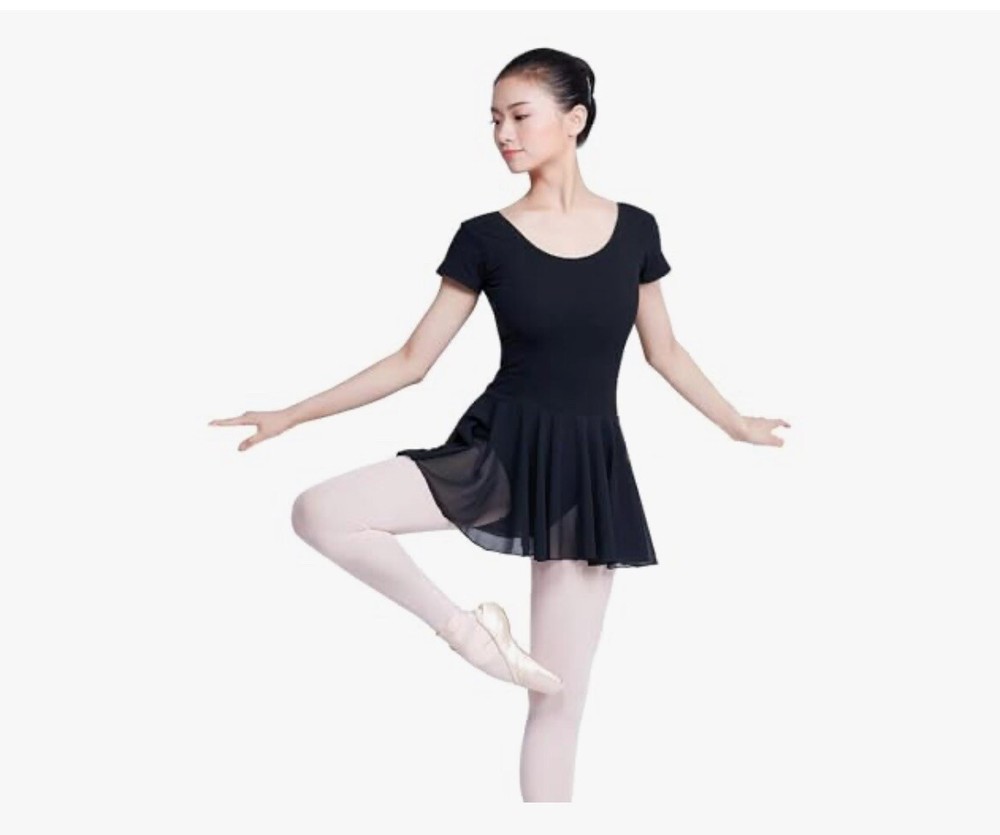 Black Dance Leotard with Skirt & Pad Insert for Girls 12-14 Yr & Adult XS