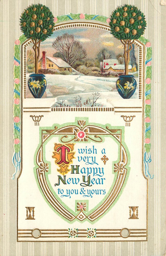 Embossed New Year Postcard Set 617 with Detailed Topiary Tree Landscapes  -image