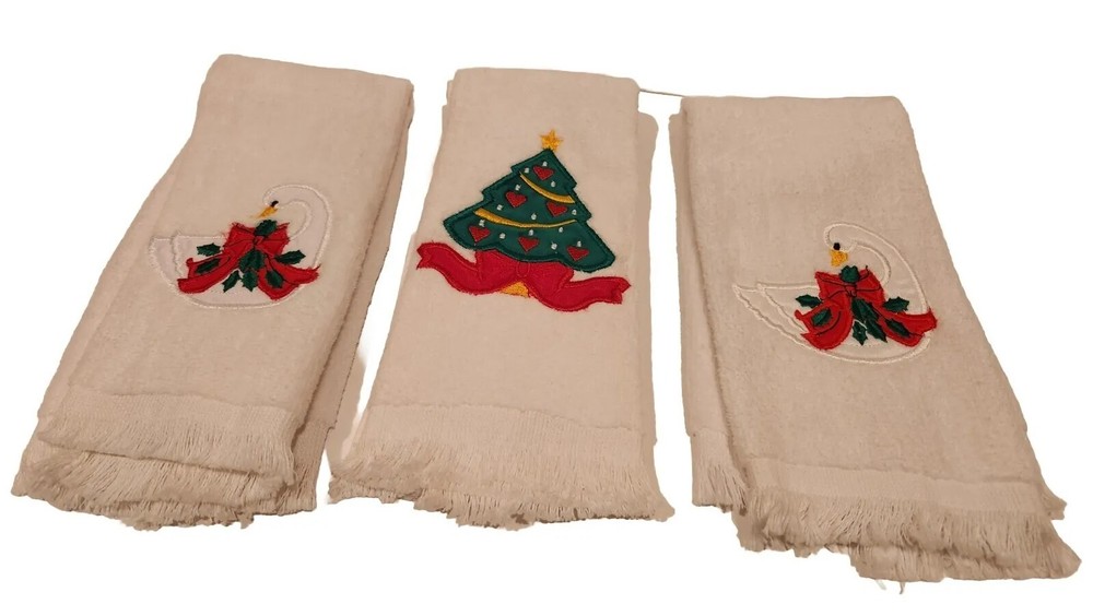 SALE Christmas Kitchen Towels Hand Dish Cloth 100% Cotton  Set 3 Embroidered-image