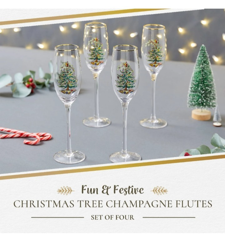 Spode Gold Rimmed Christmas Tree Champagne Flutes Wine Glass Set of 4 New In Box