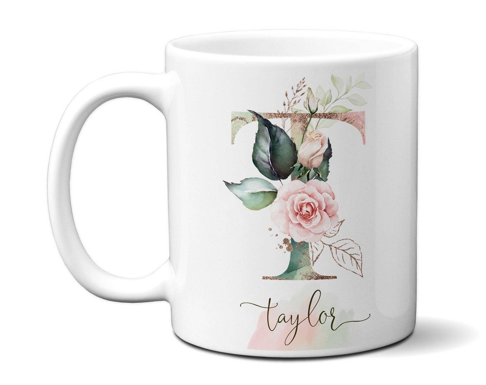 Letter Initial Mug Personalized Name & Monogram Floral Alphabet Mug Watercol