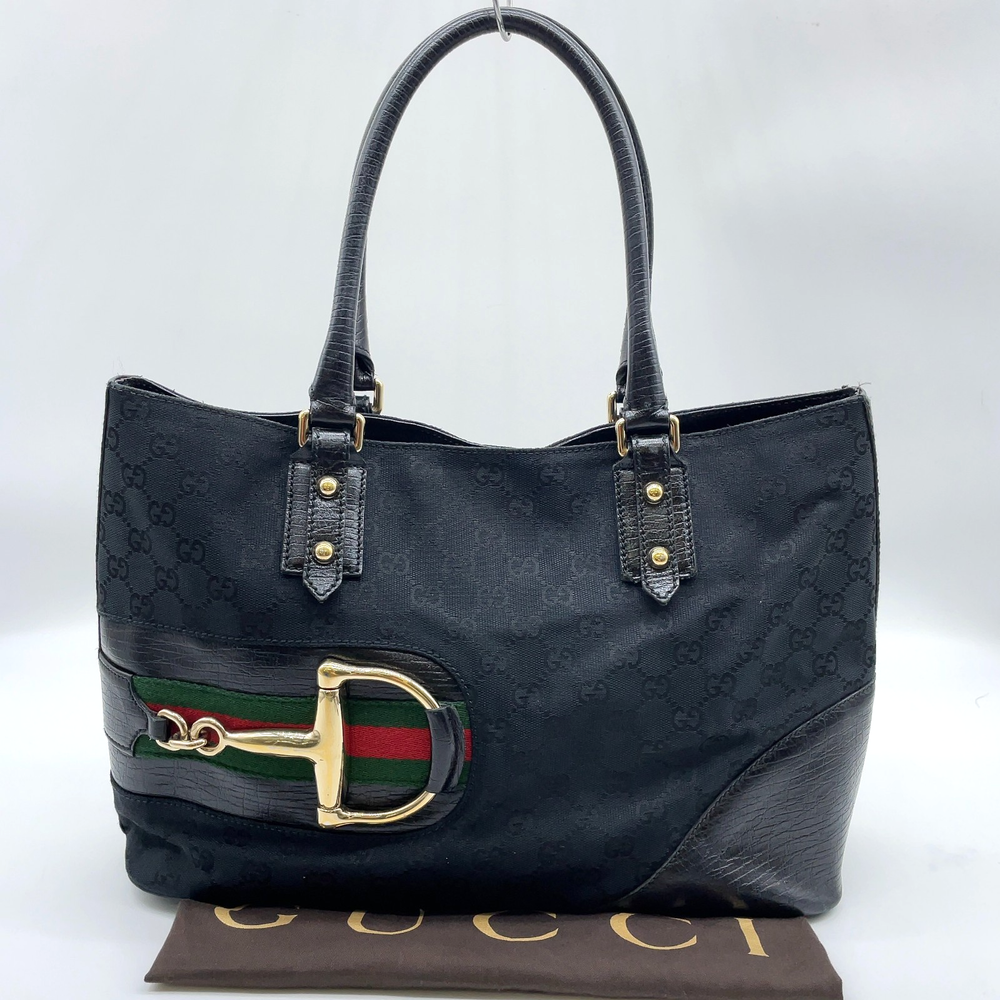 Gucci Horsebit GG Canvas Leather Sherry Line Black Tote Bag NS080637