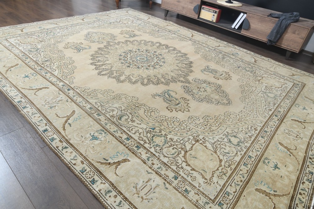 9.5x12.5 ft Medallion Vintage Turkish Oushak Rug, Beige Green Handmade Wool Rug