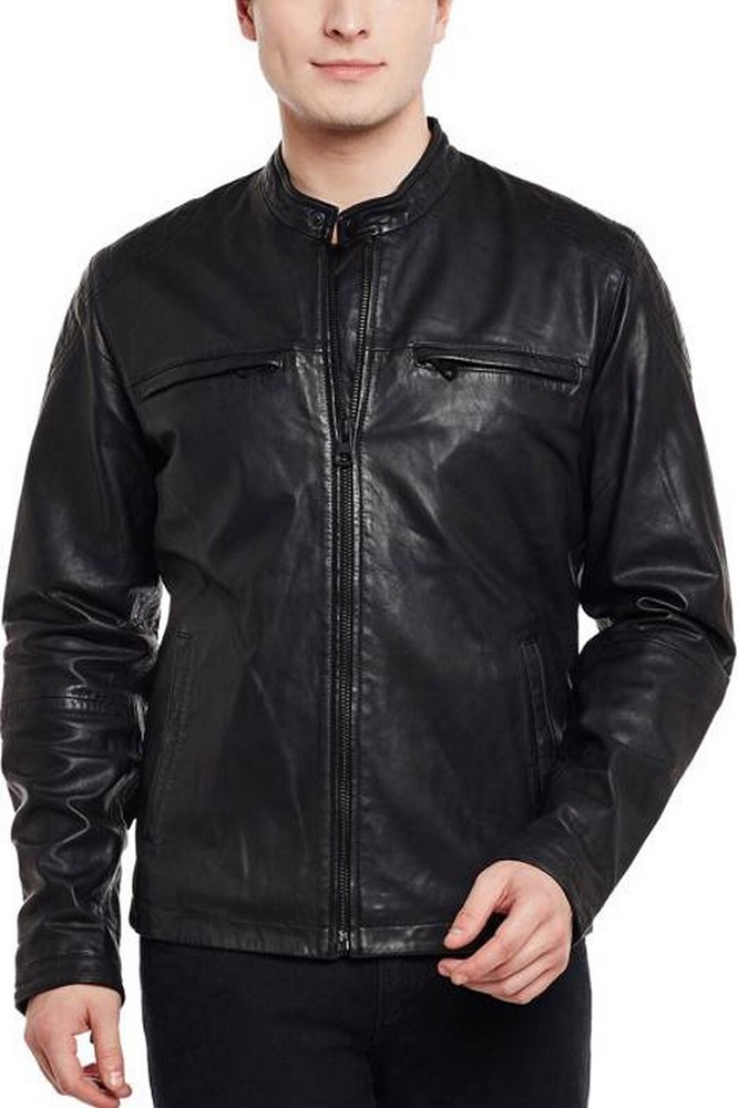 High Quality Zipper And Hardware Satin Motorcycle Style Black Leather Jacket