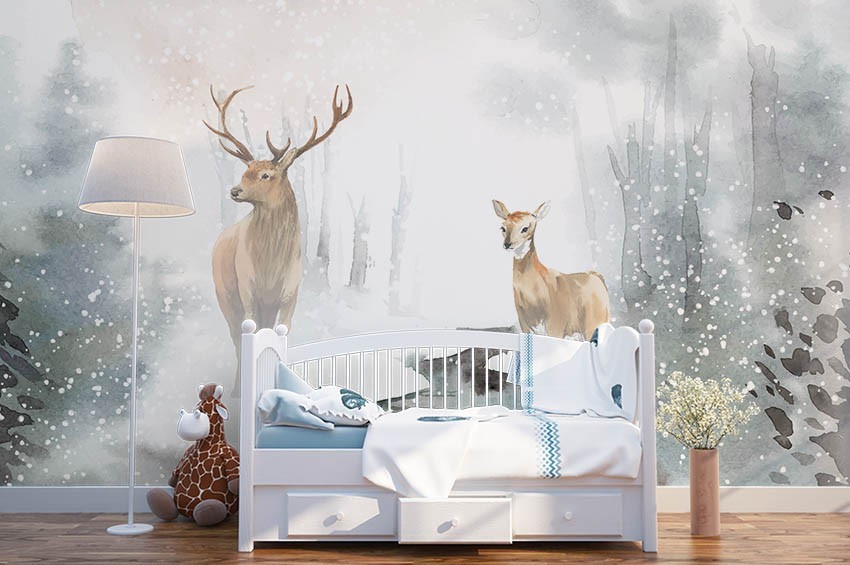 3D Forest Deer River Winter Watercolor Wall Murals Wallpaper Murals Wall Sticker