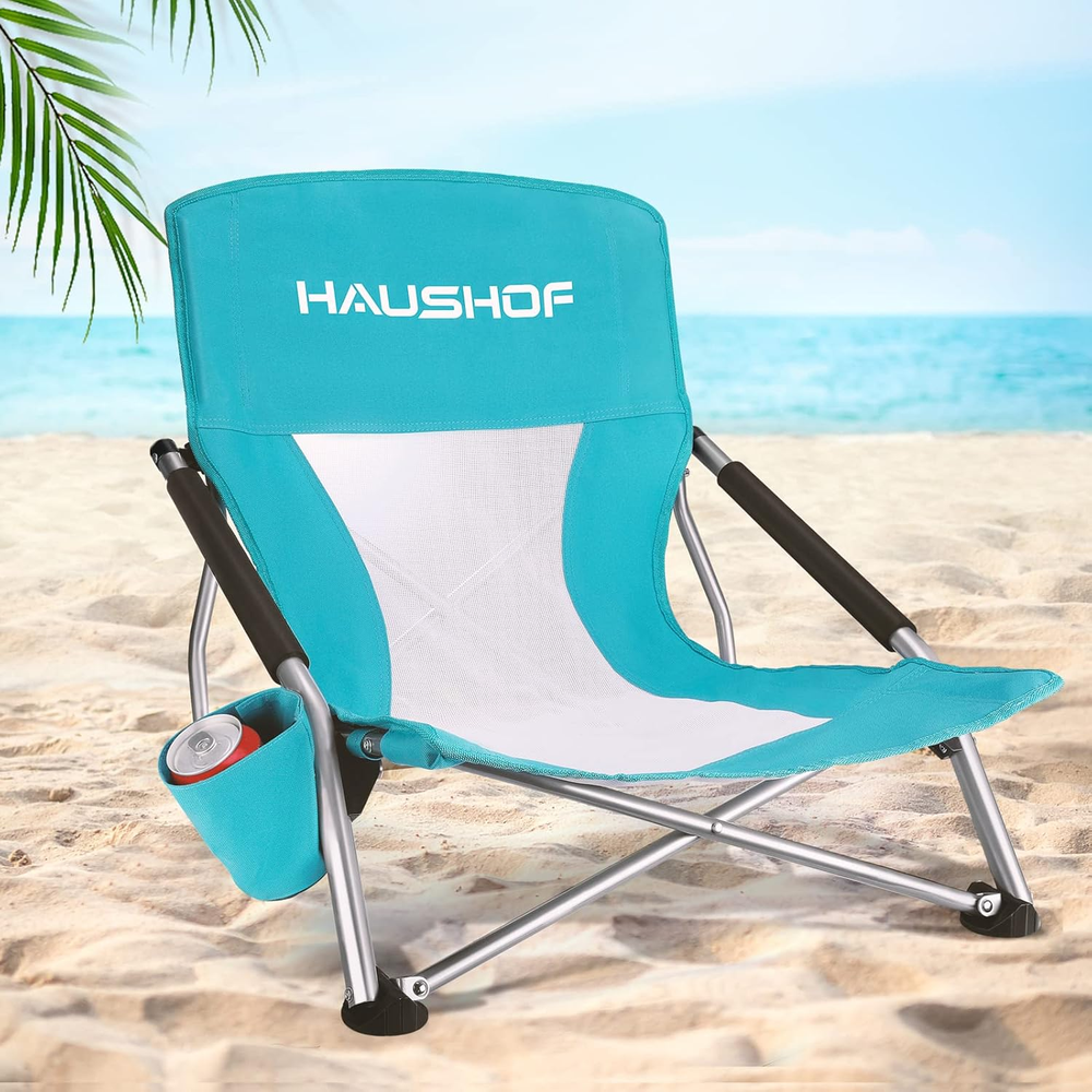 Low Beach Chair, Mesh Back Folding Chair, Lightweight Low Seat Camping Chairs wi