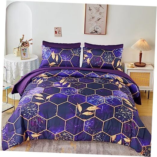 7 PC Hexagon Purple Queen Bed in A Bag Women Men Honeycomb Geometric Queen