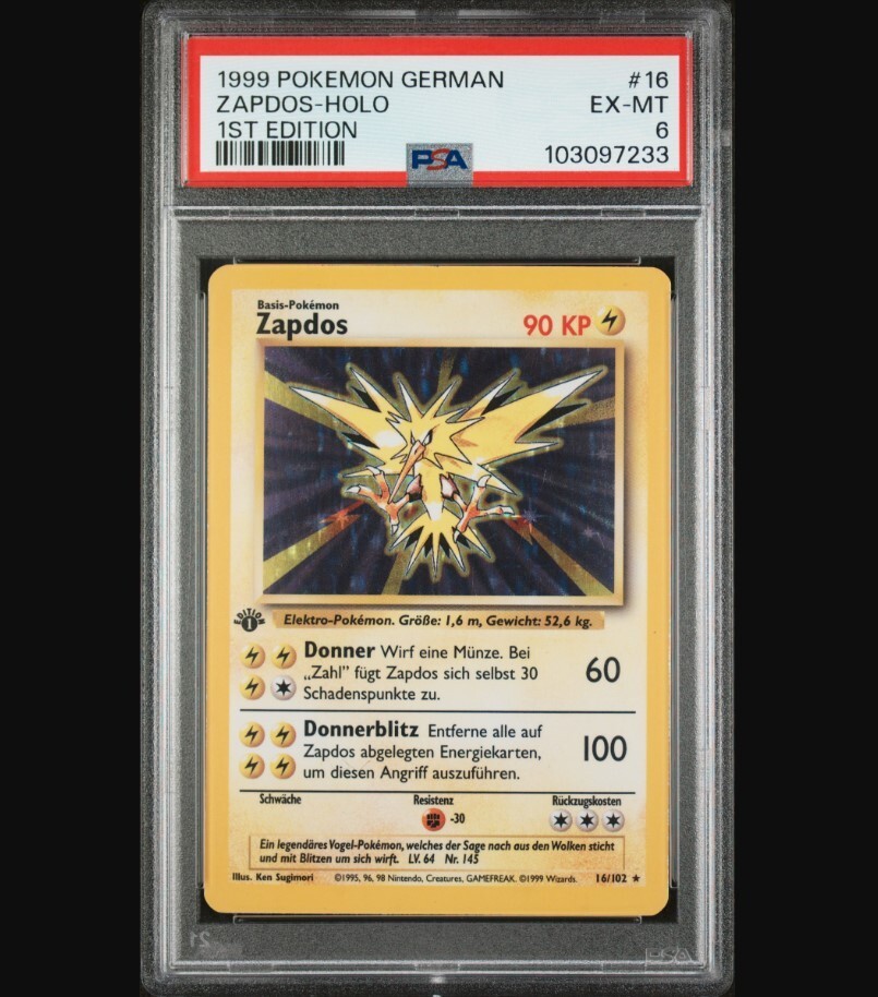 Pokemon Zapdos Holo 16/102 1st Edition Base Set PSA 6 EX-MT German