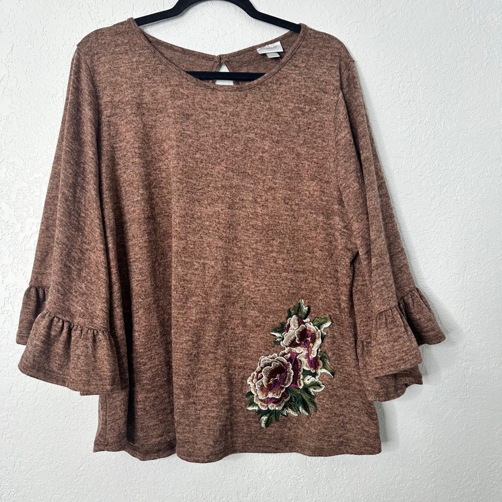 Avenue Women's Floral Embroidered Brown Ruffle Sleeve Top Plus Size 18/20 NWOT