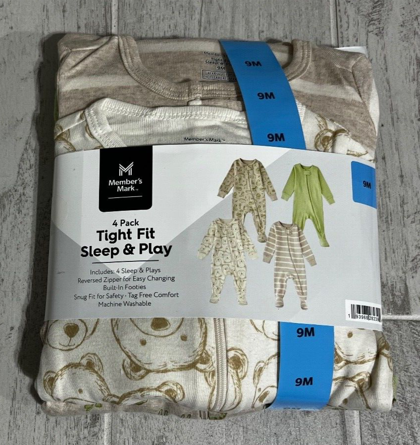 Members Mark Size 9m 4-Pack Baby Footie Sleepers Tight Fit Pajamas-image