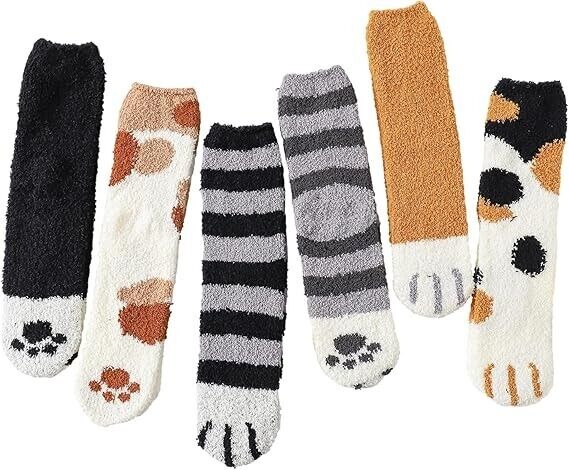 6PAIRS WOMEN'S FUZZY WINTER FLUFFY COZY WARM CUTE CAT PATTERN PAW SOCKS Set gift