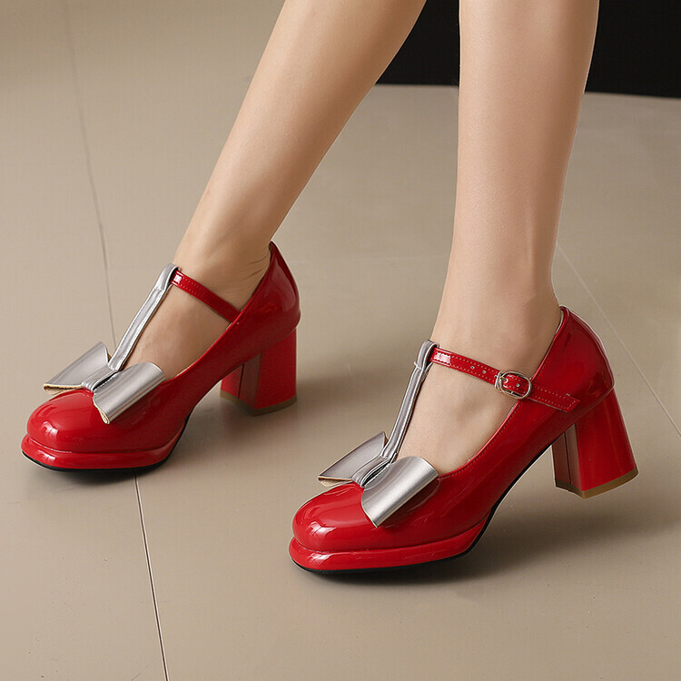Women Block Heel T Strap Mary Jane Shoes Sweet Bows Lolita Party Dress Pumps