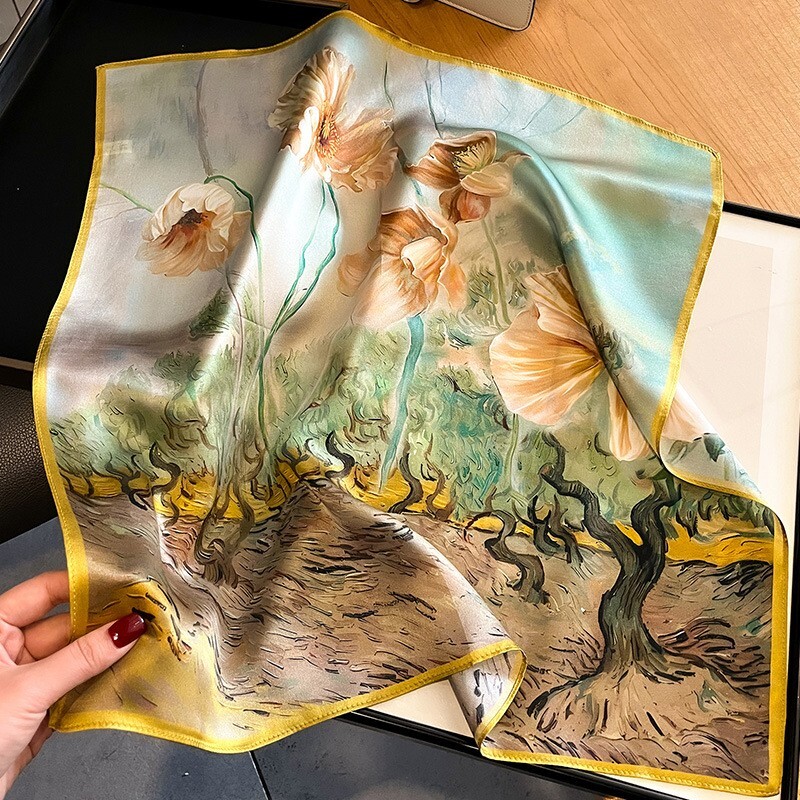 100% Pure Silk Square Scarf Women Neckerchief Wrap Yellow Flowers Kerchief 53cm