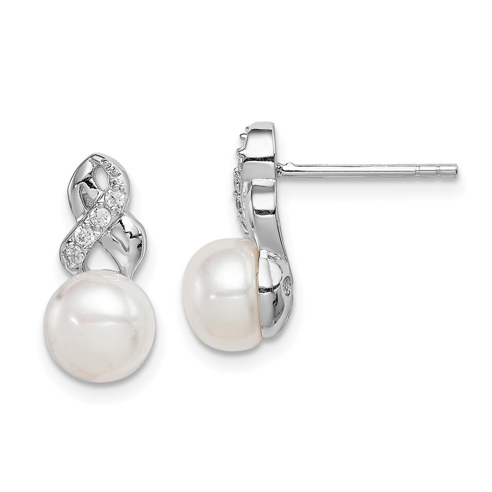 Sterling Silver 6-7mm White Cultured Pearl and Cubic Zirconia Stud Earrings