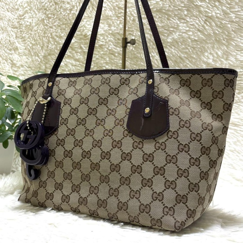 Gucci GG Canvas Tote Bag with Shima Charm in Brown and Purple for A4 Storage