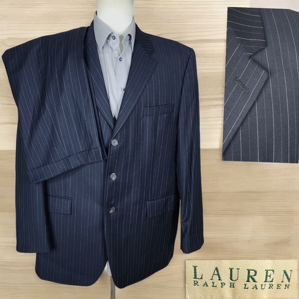 Lauren Ralph Lauren Mens 46R 2-Piece Wool Suit Black Multicolor Stripe 36X30
