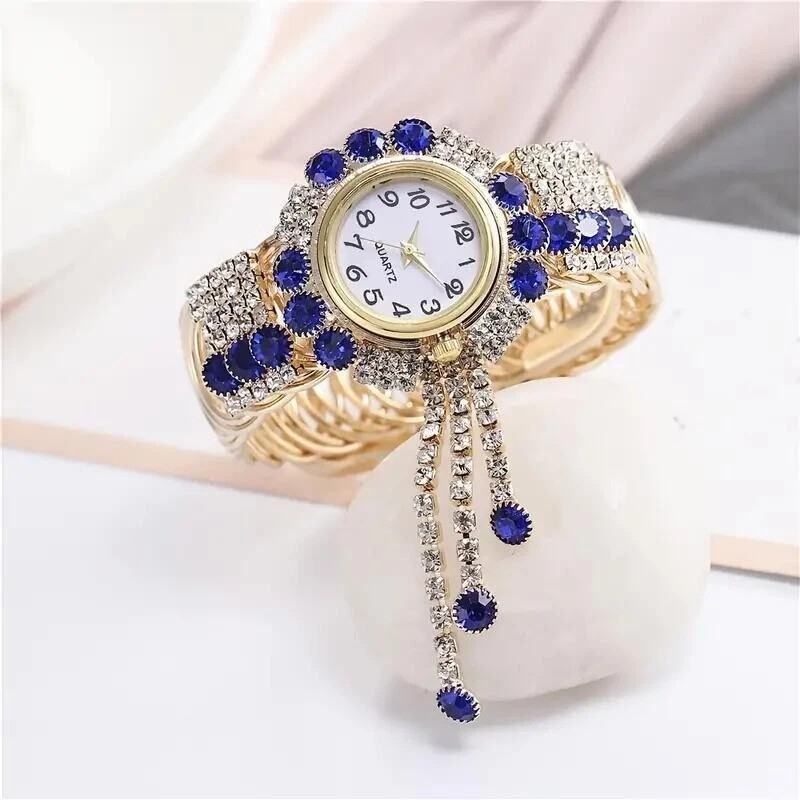 Luxury Blue Rhinestone Women Quartz Wrist Watch Tassel Bangle Bracelet Golden