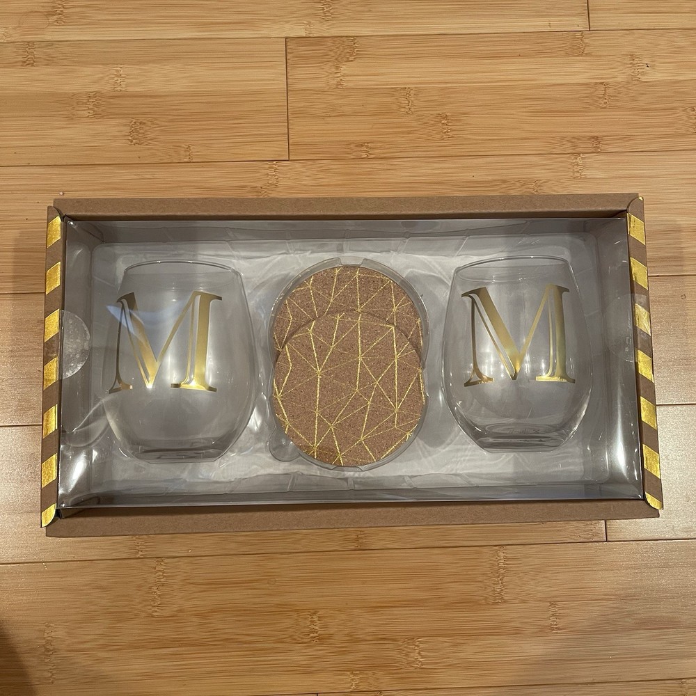 Gold Monogrammed M Glass Set wine glasses and  coasters - TMD Retail Brand New