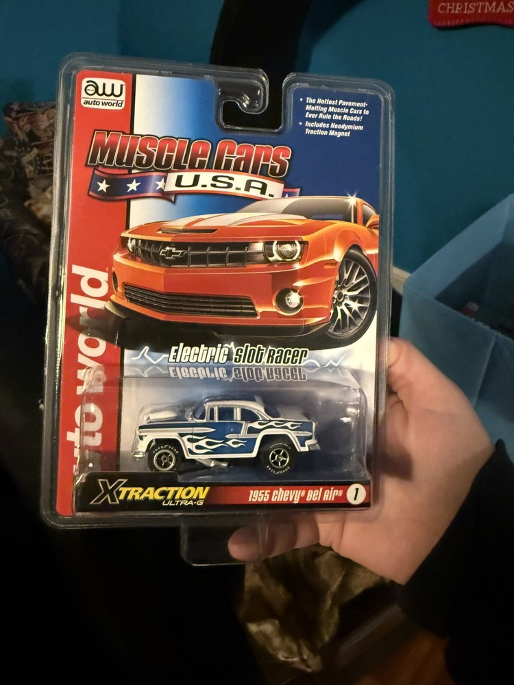 1955 Chevy Bel Air 1:64 Slot Car by Auto World in White and Blue