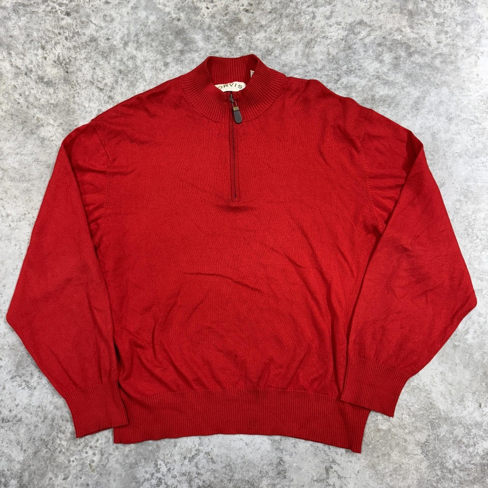 Orvis Sweater Mens Large Red Quarter Zip Mock Neck Cashmere Silk Blend Pullover