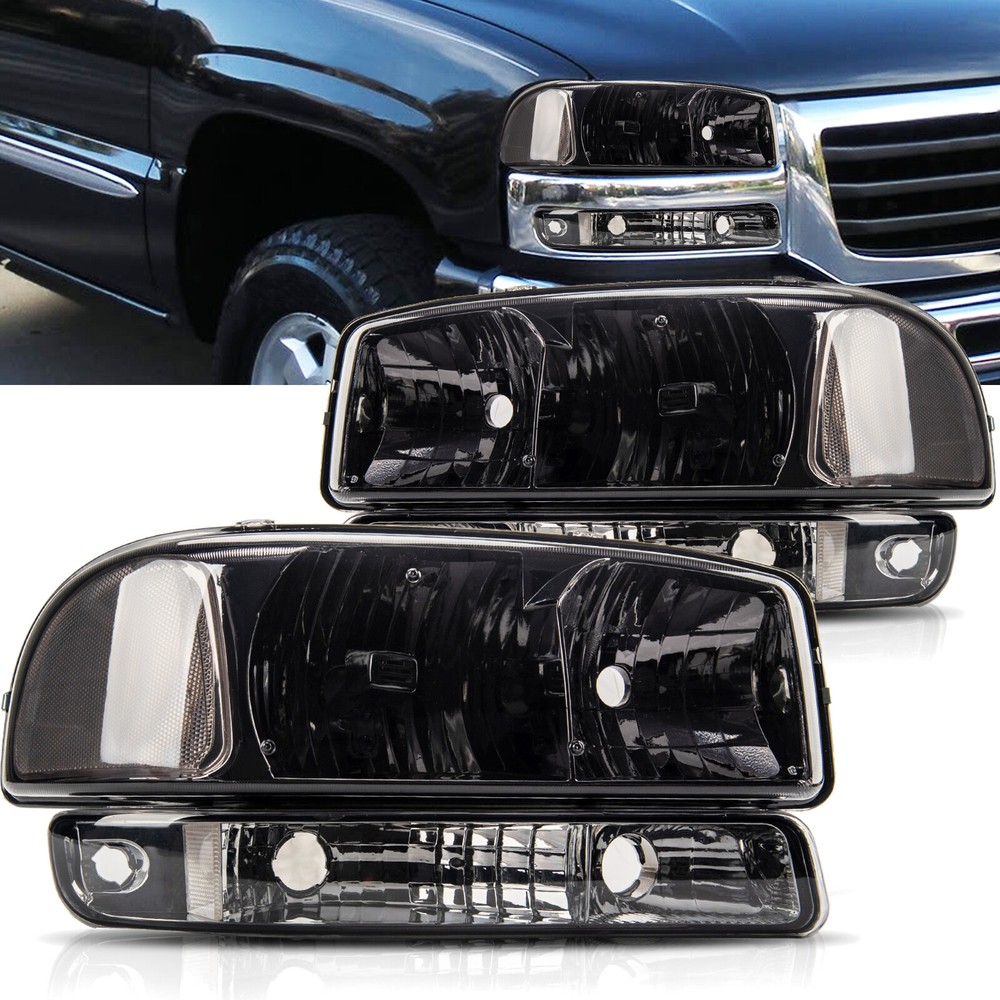for 1999-2006 GMC Sierra 2000-2006 Yukon XL Black Headlights Signal Bumper LED