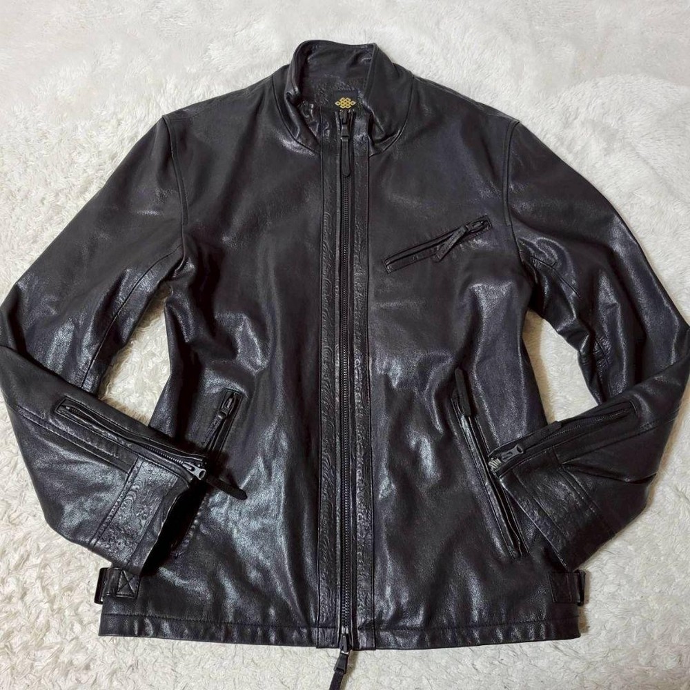 Miyabi Musubi Embossed Japanese Pattern Lamb Leather Single Rider Jacket XL