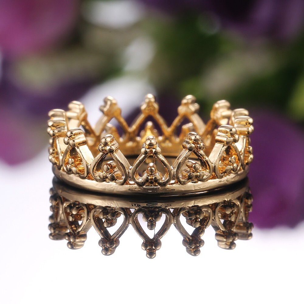 Yellow Gold Plated Tiara Crown Wedding Ring Valentine Gift for Her