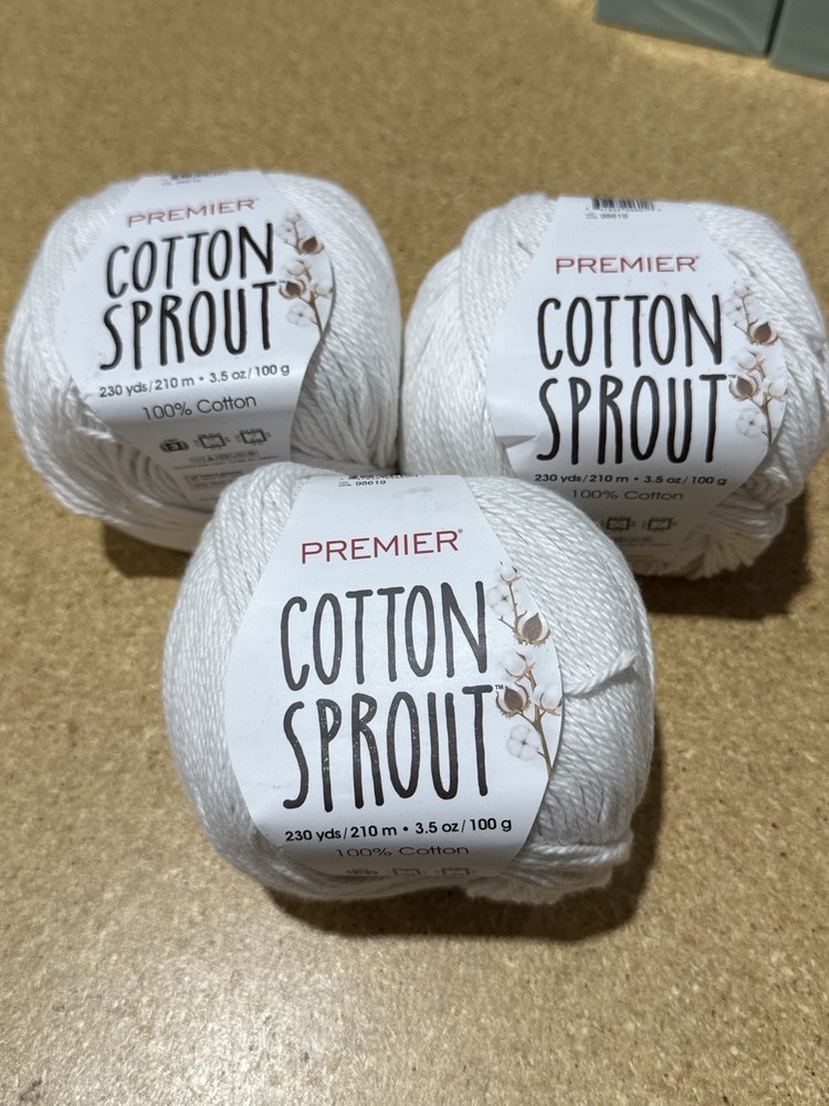 Premier Cotton Sprout Yarn – 3 Skeins, White, 100% Cotton, 230 yds Each