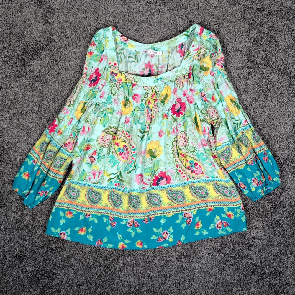 Figueroa & Flower Peasant Blouse Women's L Mint Floral Paisley Smocked Boho EUC