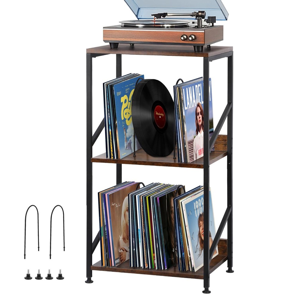 Record Player Stand, 3 Tier End Table with Record Storage Up to 200 Albums,La...