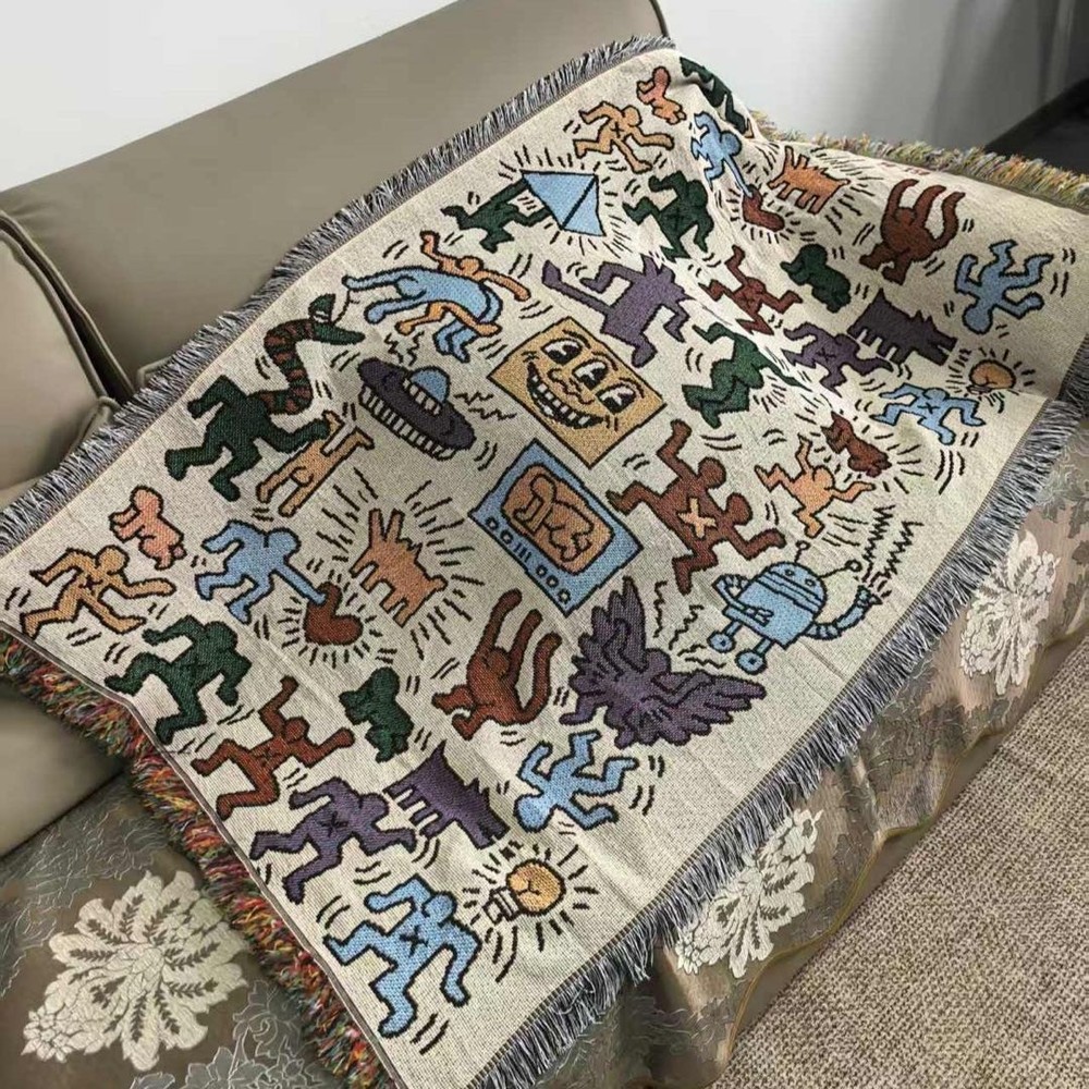 Keith Haring Doodle Inspired Woven Rug Carpet Blanket Throw - 90x150cm