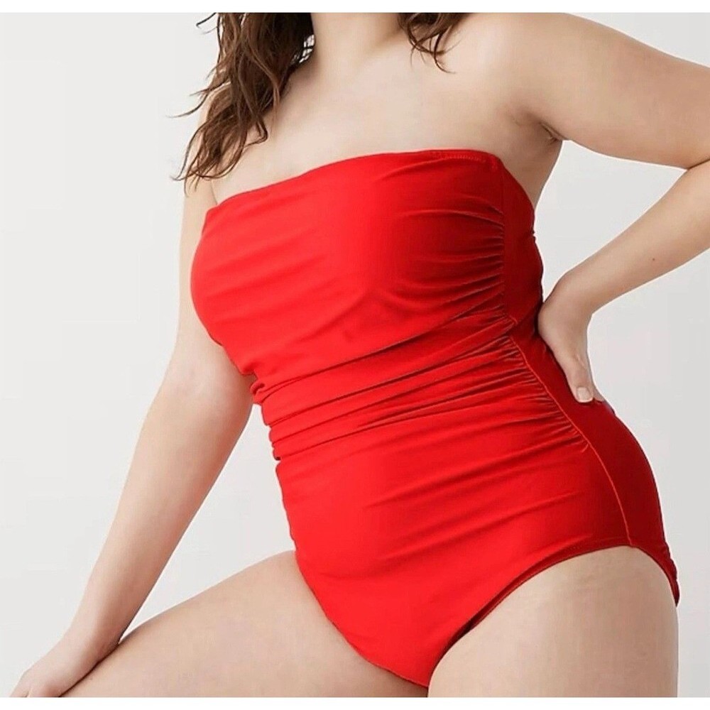 J. Crew Ruched Bandeau One Piece Swimsuit Size 24 Red Removable Straps
