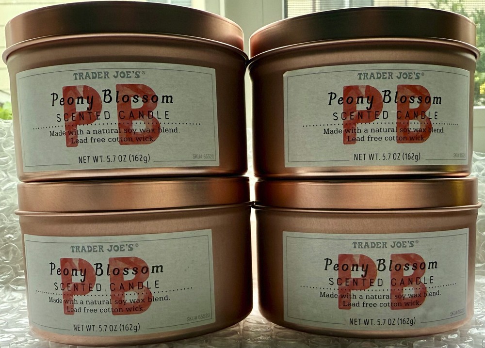4 x TRADER JOE'S, PEONY BLOSSOM CANDLES TINS Soy Blend 5.7oz Each SEASONAL