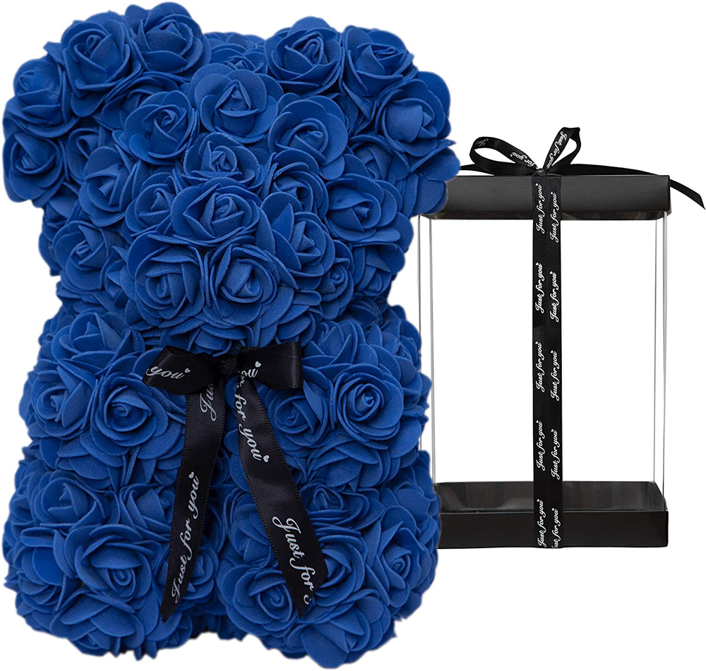 Valentines, Rose Bear Teddy Bear Flower -Fully Handmade 10 Inch (Royal Blue)