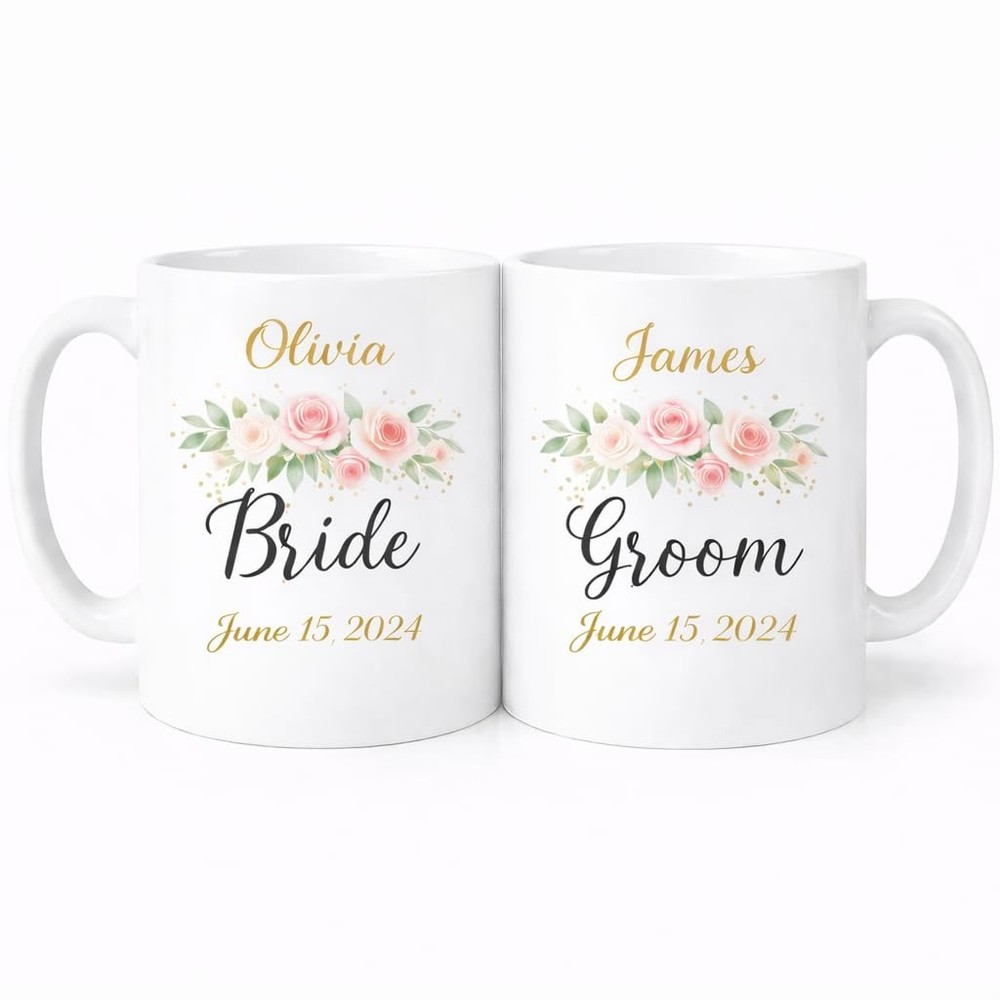 Brew Crew Gifts Personalised Wedding Mugs Set, Bride and Groom Coffee Mugs, Whit