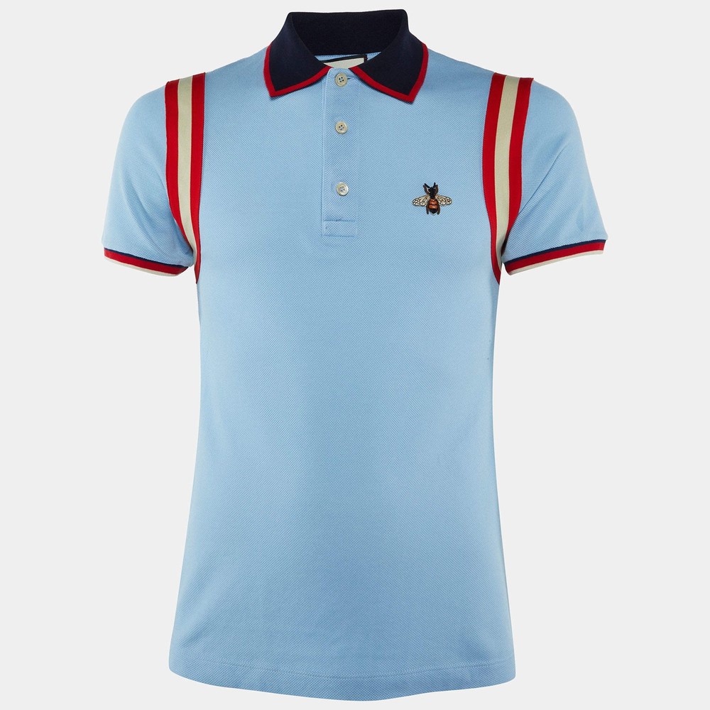Gucci Blue Cotton Knit Logo Trim Detail Polo TShirt S
