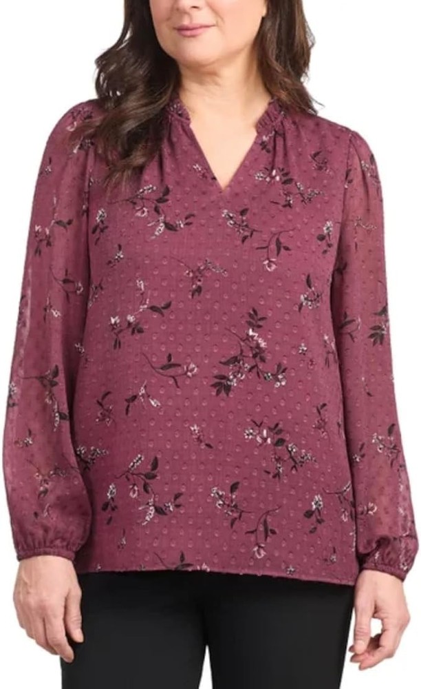 Hilary Radley Women's V-Neck Long Sleeve Blouse, Burgundy Combo Floral, Size M