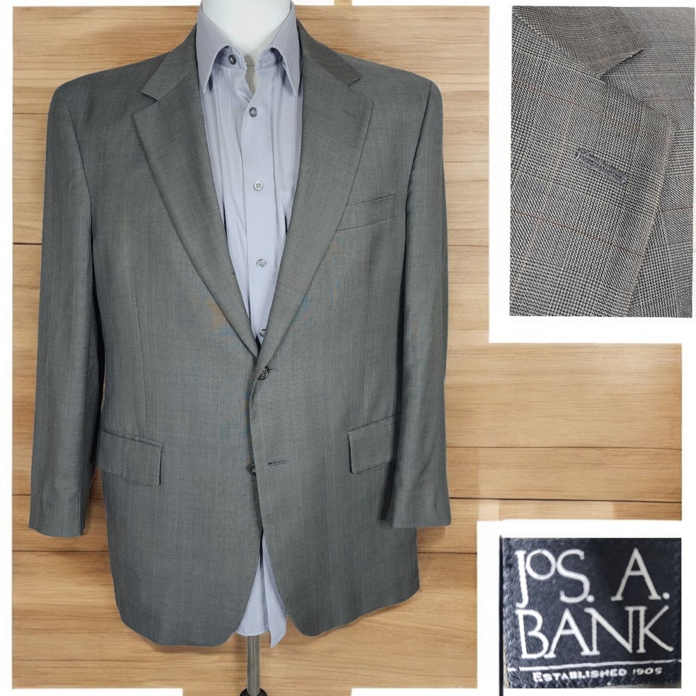 Joseph A Bank Mens 42R Gray Plaid Wool Cashmere Sport Coat