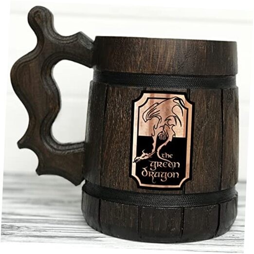Wooden Beer Stein with Green Dragon and Lord Rings Design - Christmas or Fathers Day Gift