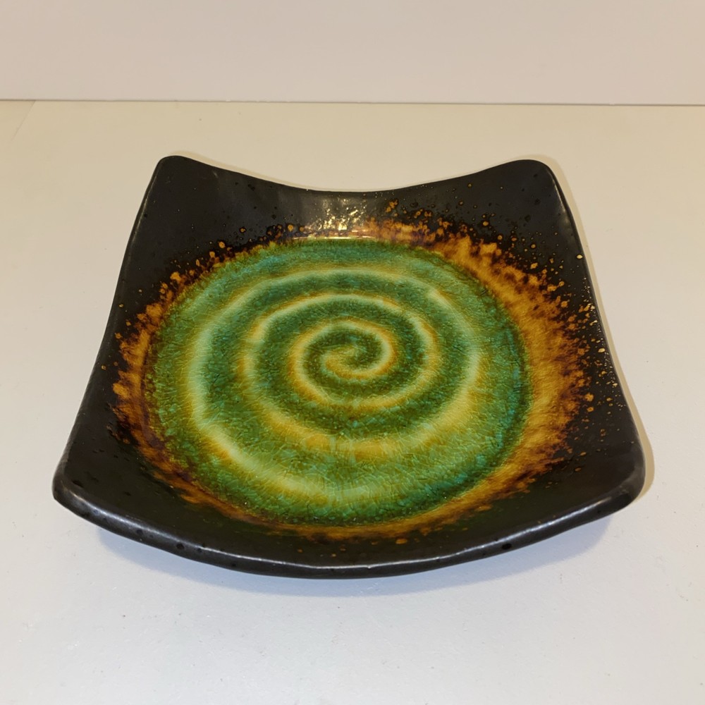 Pier 1 Imports Hand-Painted Green Swirl Stoneware 6 Inch Candle Holder and Trinket Dish  