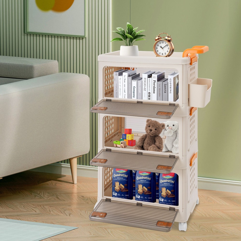 3-Tier Foldable Storage Cabinet with Wheels Collapsible Organizer Bin
